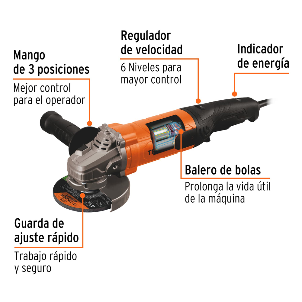 Pulidora Angular 4-1/2” 1100W Truper + 5 Discos de Corte - Imagen 3
