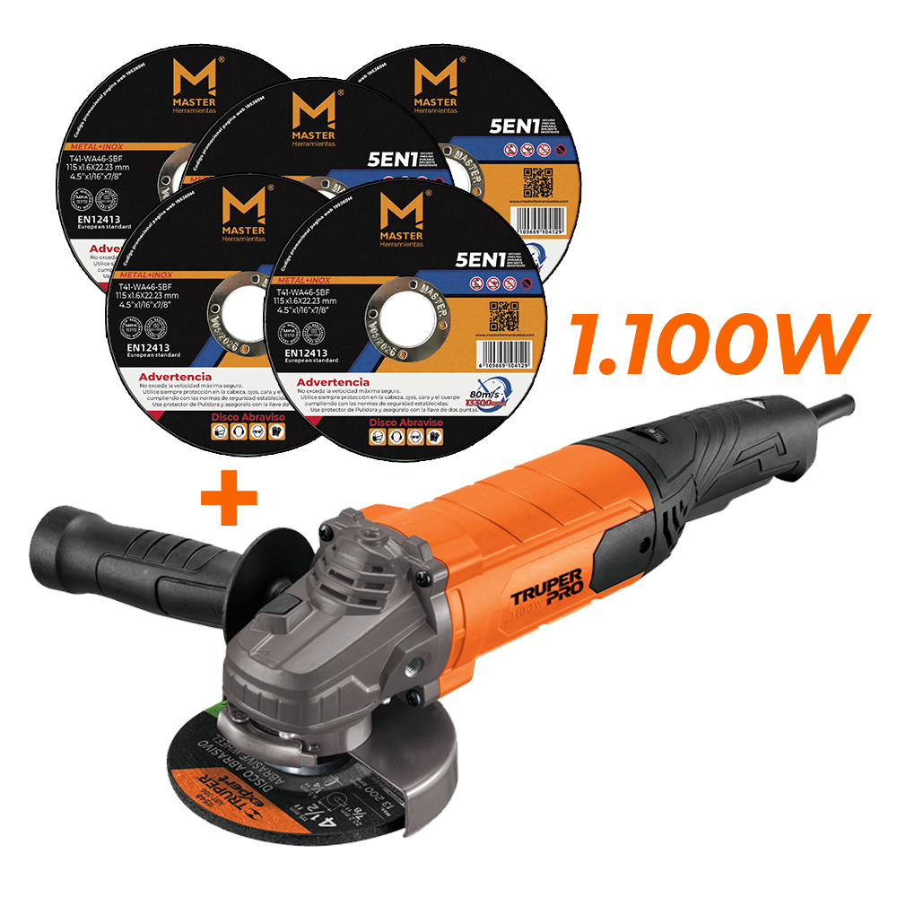 Pulidora Angular 4-1/2” 1100W Truper + 5 Discos de Corte - Imagen 2