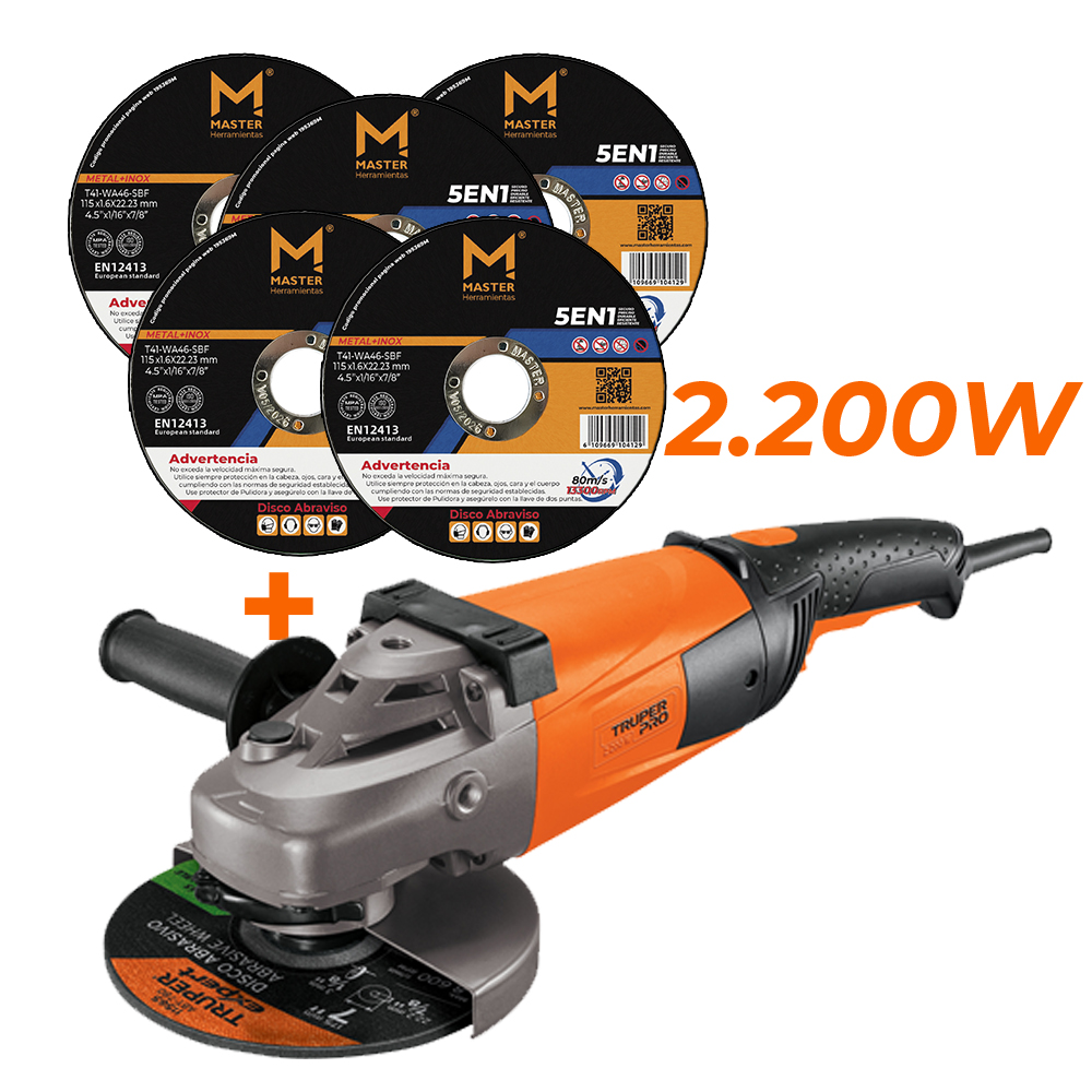 Pulidora Angular 7” 2200W Truper + 5 Discos de Corte - Imagen 2