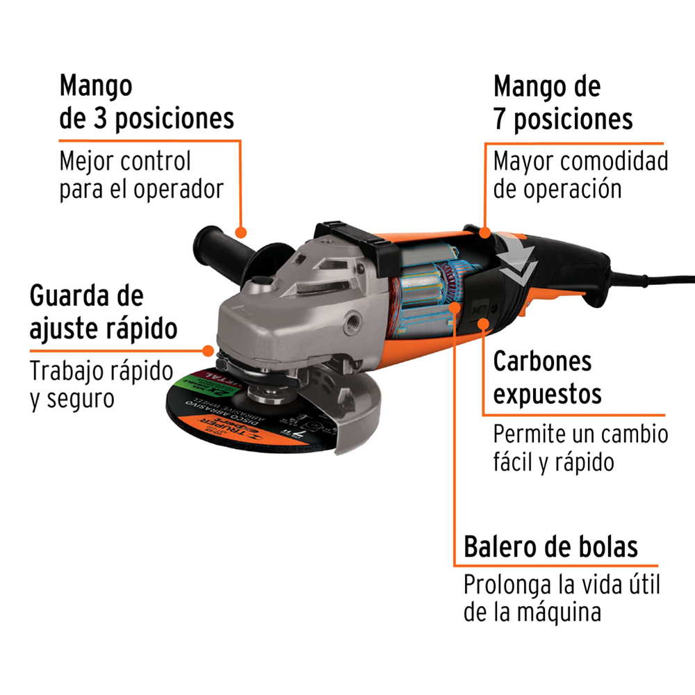 Pulidora Angular 7” 2200W Truper + 5 Discos de Corte - Imagen 3