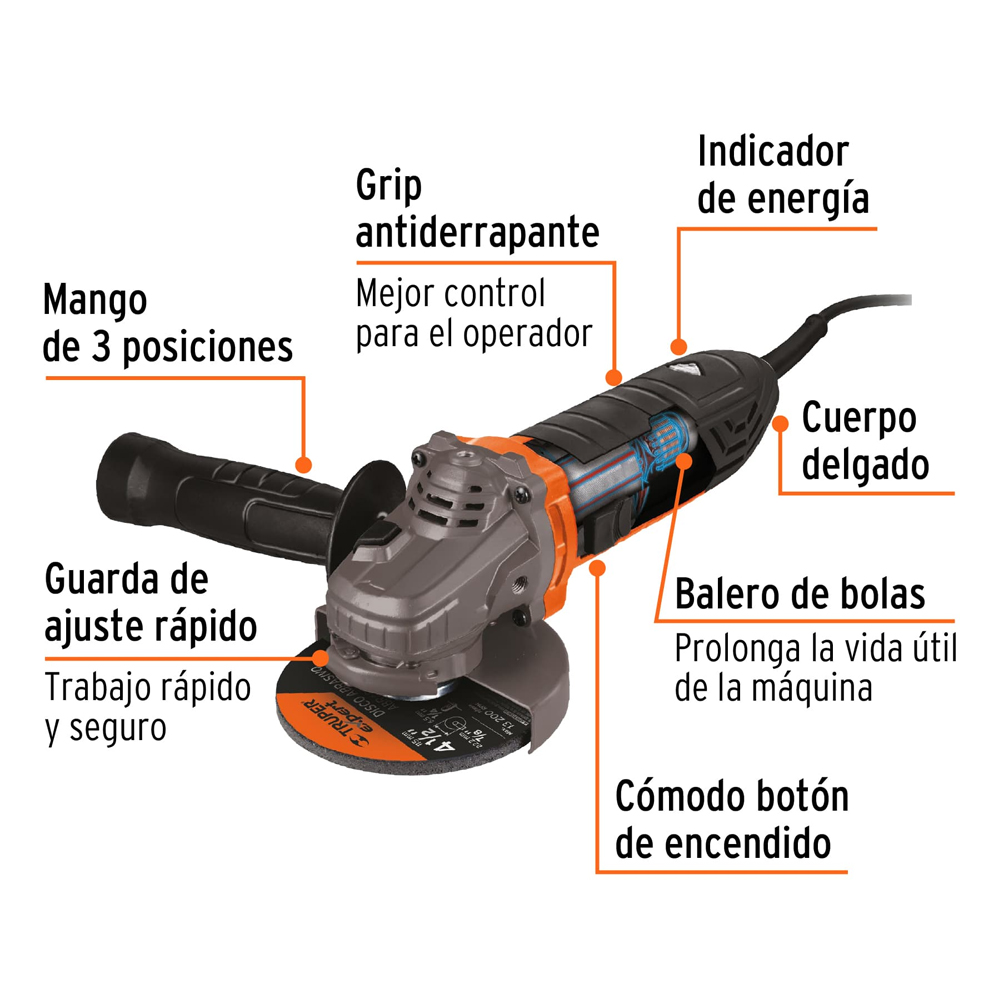 Pulidora Angular 4-1/2” 850W Ergo Truper + 5 Discos de Corte - Imagen 6