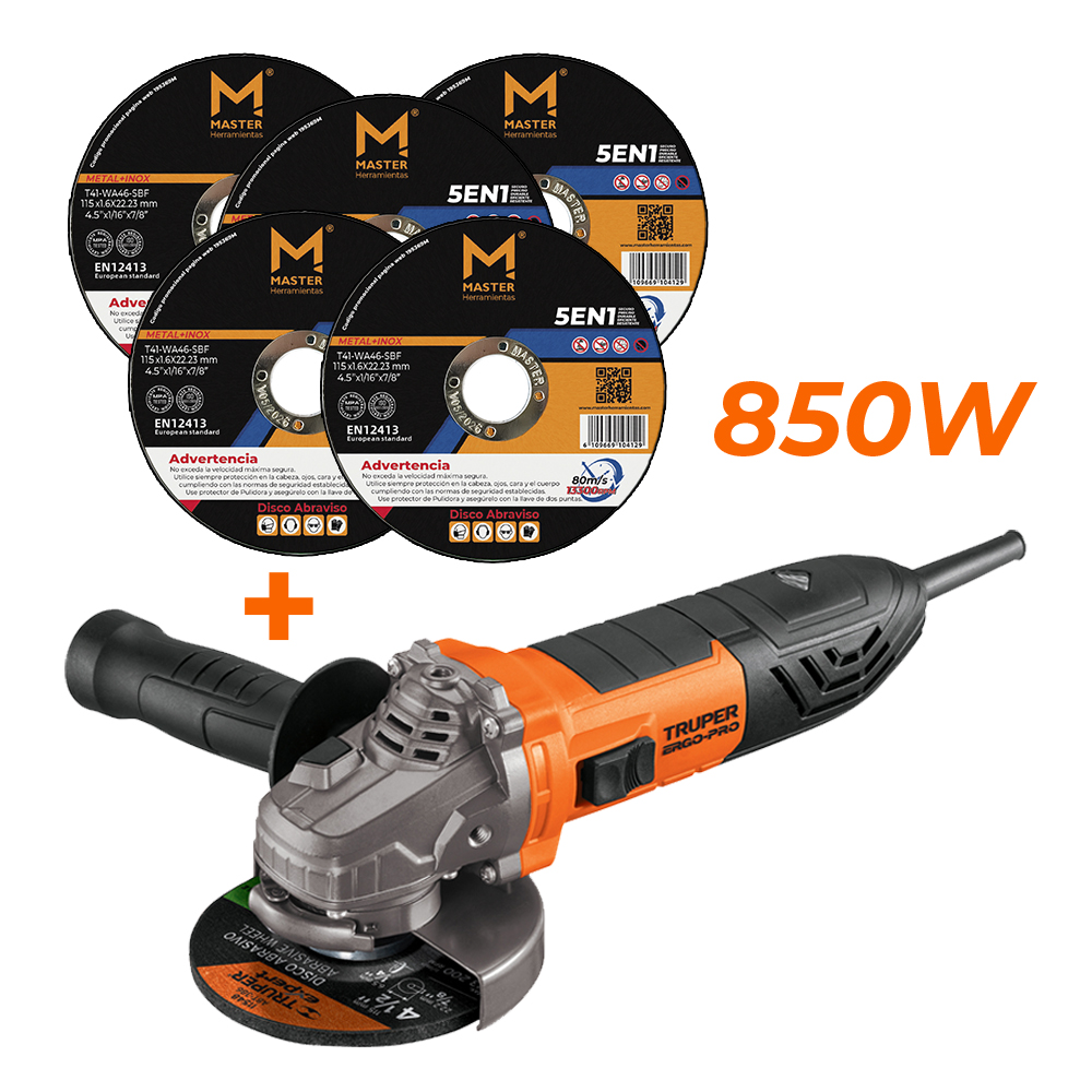 Pulidora Angular 4-1/2” 850W Ergo Truper + 5 Discos de Corte - Imagen 2