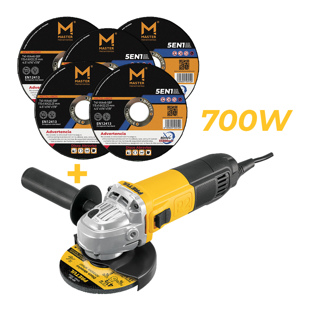 Pulidora Angular 4-1/2” 700W Pretul + 5 Discos de Corte