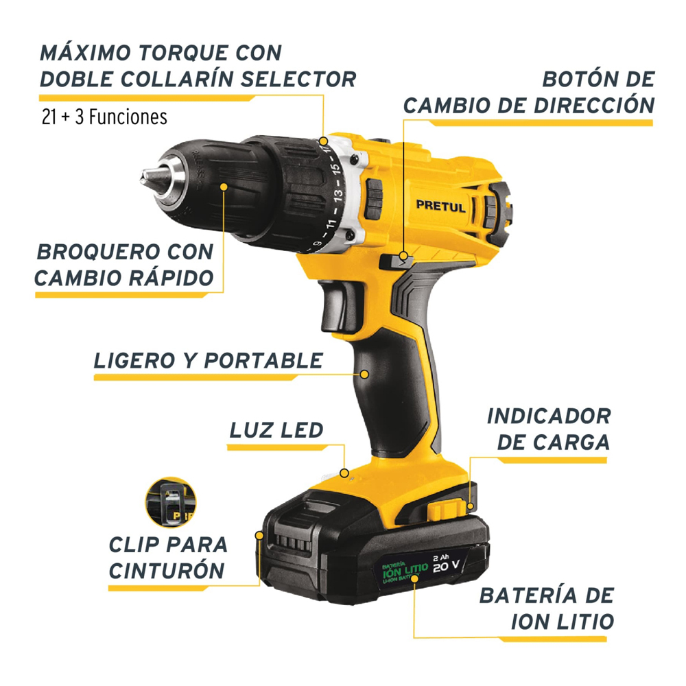 Taladro Inalámbrico 20 V Con Percutor 1/2, Pretul - Imagen 2