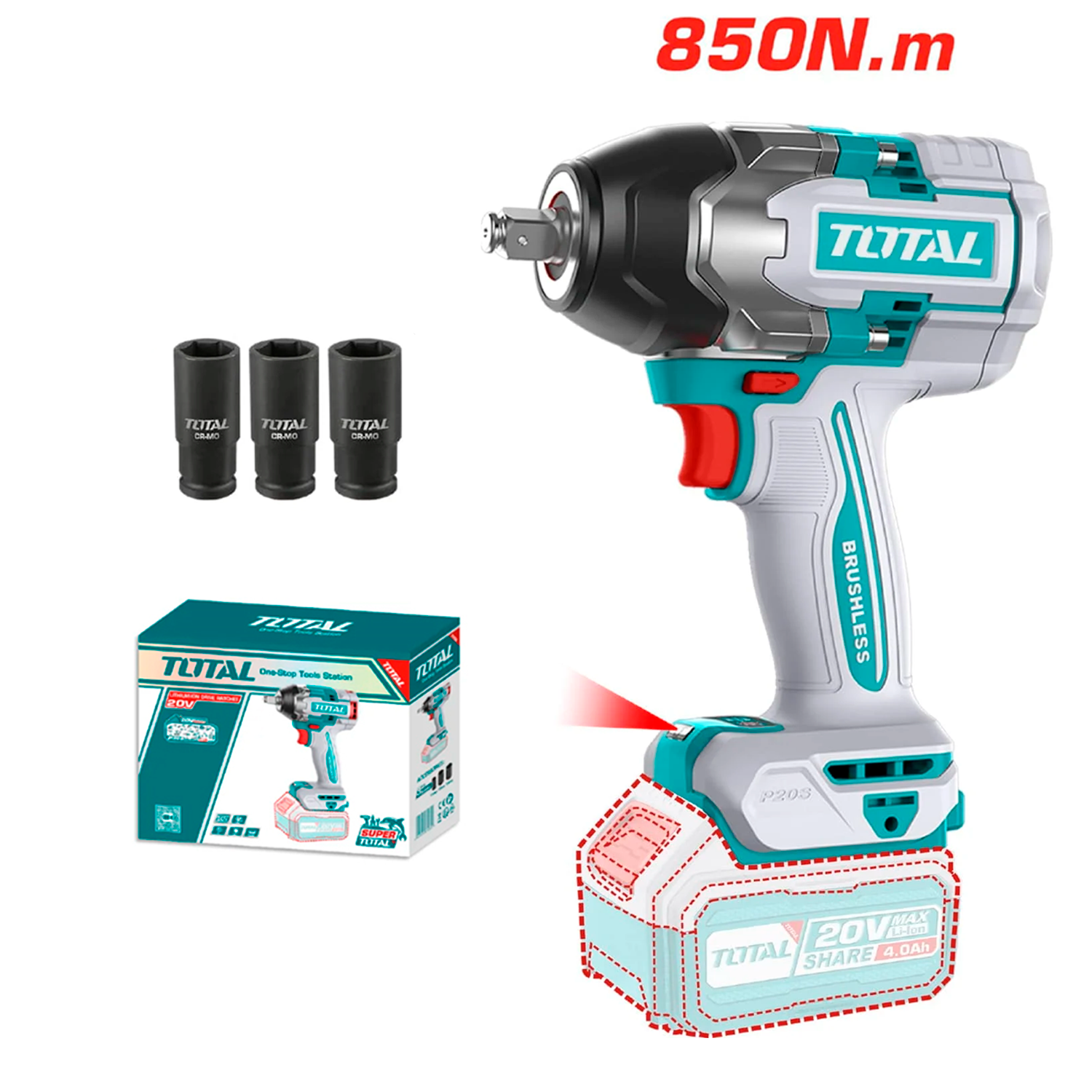 Llave De Impacto 850 Nm Inalámbrico 1/2 20 V(Sin batería y cargador), Total - Imagen 2