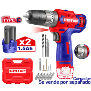Taladro 3/8 Inalambrico Ator/Destor/Percutor 12V+16 Accesorios, Emtop