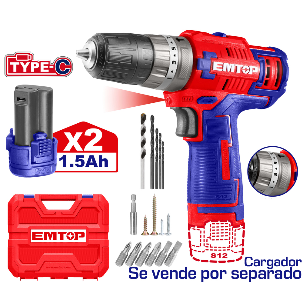 Taladro 3/8 Inalambrico Ator/Destor/Percutor 12V+16 Accesorios, Emtop