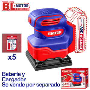 Lijadora Orbital Inalámbrica 20V (Sin batería y Cargador), Emtop