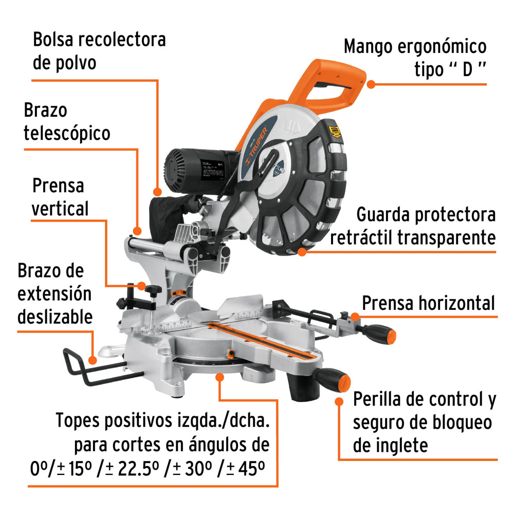 Acolilladora o Sierra Ingleteadora Telescópica 12 Pul 2000W, Truper - Imagen 3
