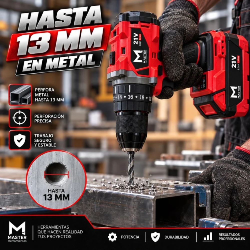 Taladro 1/2 Brushless Ator/Des/Per 21V+2 Baterias 4.0 Ah, Master Herramientas - Imagen 10