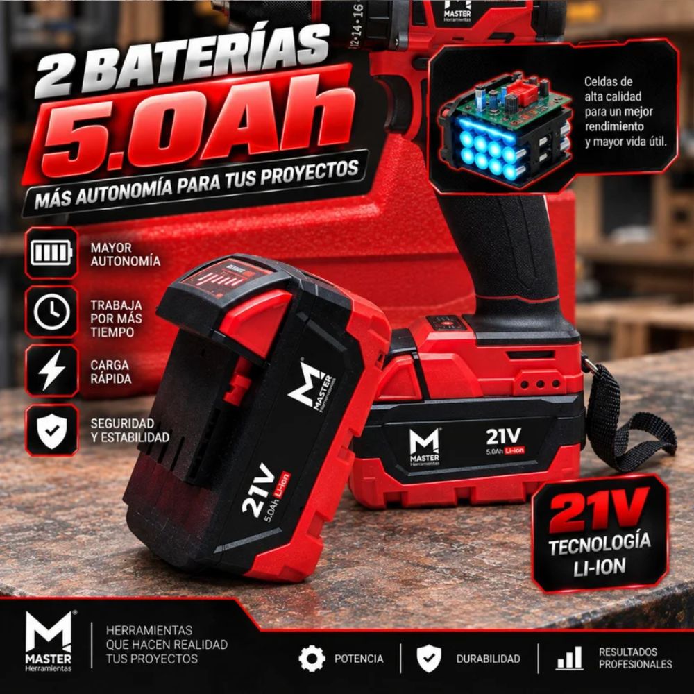 Taladro 1/2 Brushless Ator/Des/Per 21V+2 Baterias 4.0 Ah, Master Herramientas - Imagen 11