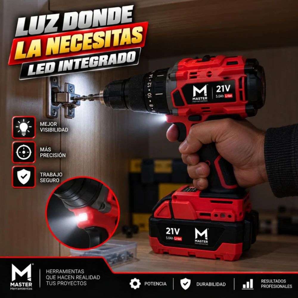 Taladro 1/2 Brushless Ator/Des/Per 21V+2 Baterias 4.0 Ah, Master Herramientas - Imagen 13