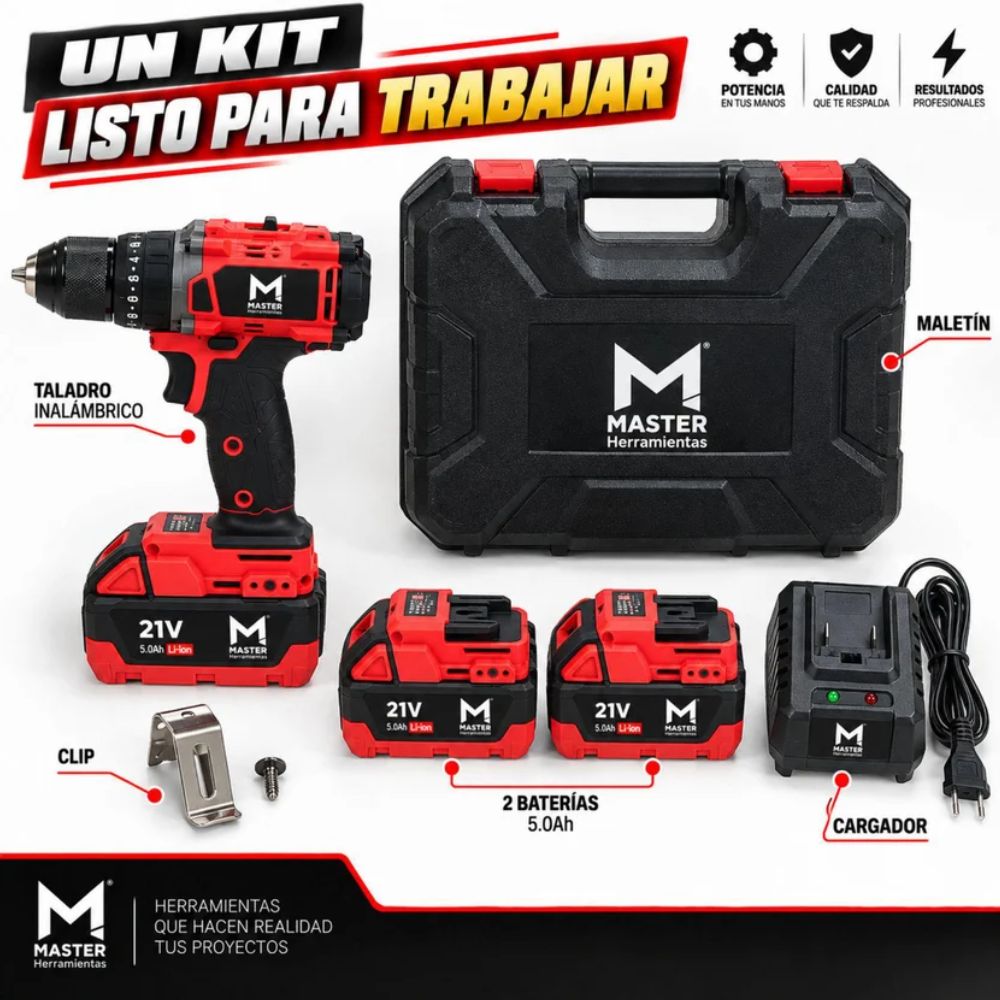 Taladro 1/2 Brushless Ator/Des/Per 21V+2 Baterias 4.0 Ah, Master Herramientas - Imagen 15