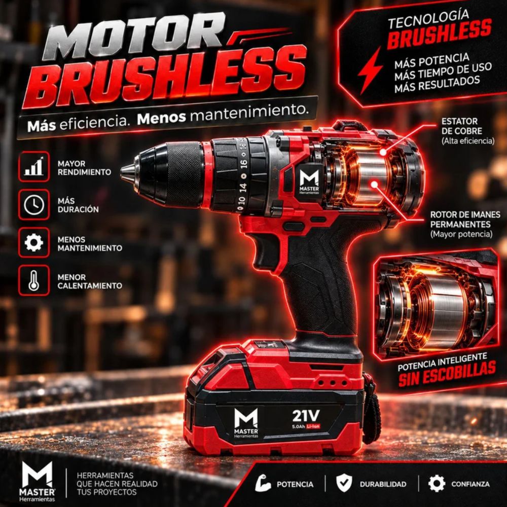 Taladro 1/2 Brushless Ator/Des/Per 21V+2 Baterias 4.0 Ah, Master Herramientas - Imagen 3