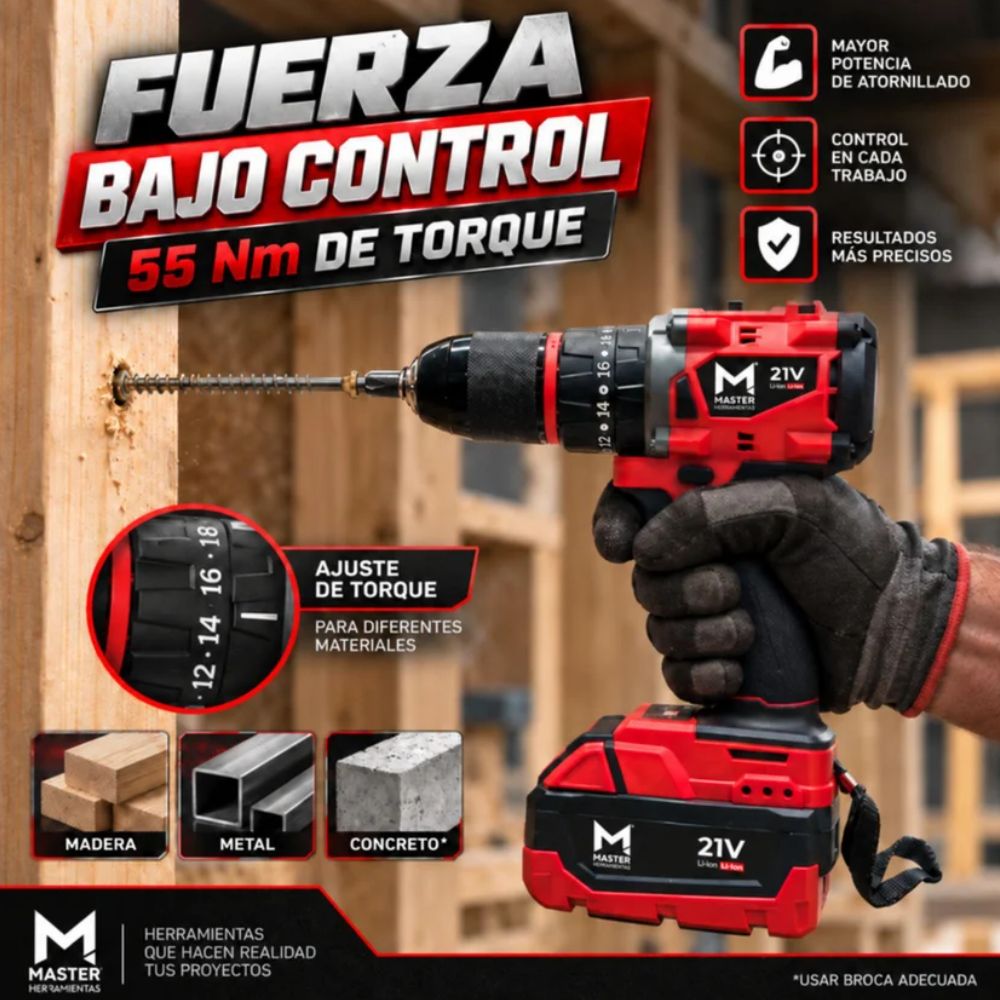 Taladro 1/2 Brushless Ator/Des/Per 21V+2 Baterias 4.0 Ah, Master Herramientas - Imagen 4