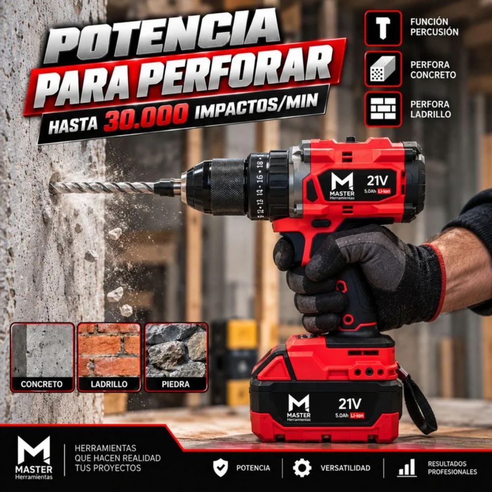 Taladro 1/2 Brushless Ator/Des/Per 21V+2 Baterias 4.0 Ah, Master Herramientas - Imagen 6