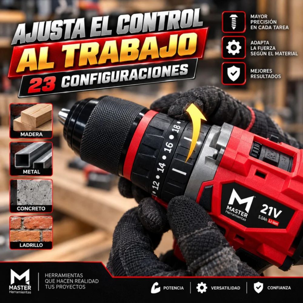 Taladro 1/2 Brushless Ator/Des/Per 21V+2 Baterias 4.0 Ah, Master Herramientas - Imagen 7