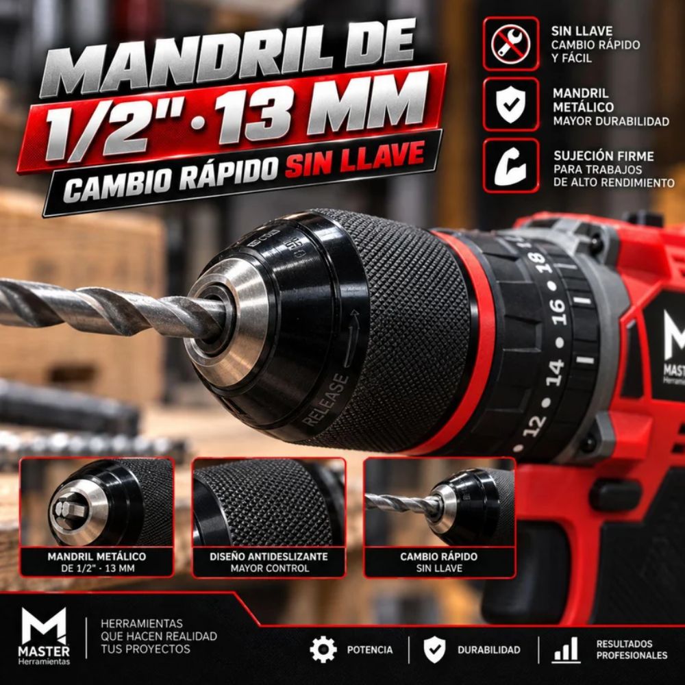 Taladro 1/2 Brushless Ator/Des/Per 21V+2 Baterias 4.0 Ah, Master Herramientas - Imagen 8