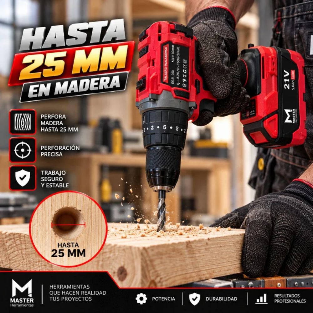 Taladro 1/2 Brushless Ator/Des/Per 21V+2 Baterias 4.0 Ah, Master Herramientas - Imagen 9