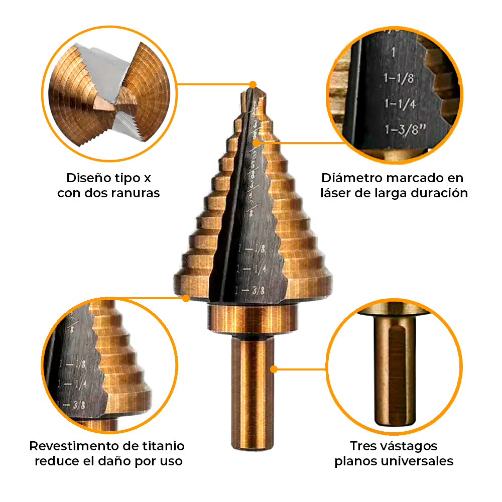 Juego De Brocas Escalonadas 5 Pcs HSS Titanio 5 Tamaños, Master Herramientas - Imagen 2