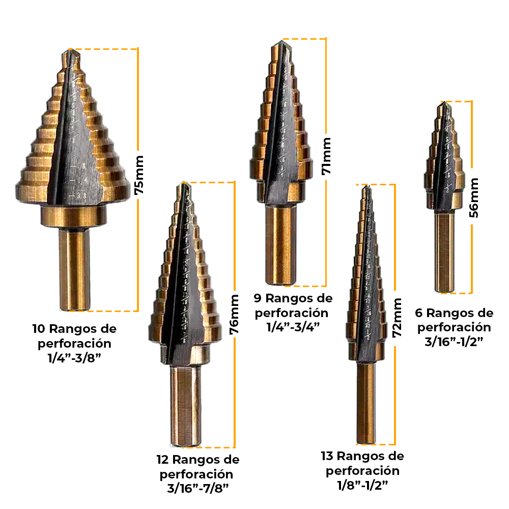 Juego De Brocas Escalonadas 5 Pcs HSS Titanio 5 Tamaños, Master Herramientas - Imagen 3