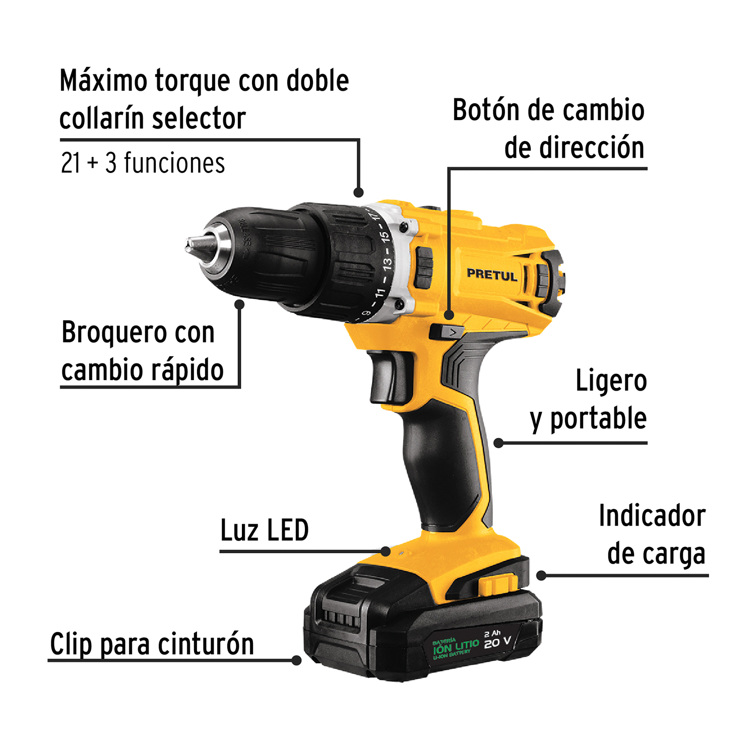 Set Taladro Inalambrico 20V + Batería + Cargador + 32 accesorios, Pretul - Imagen 3