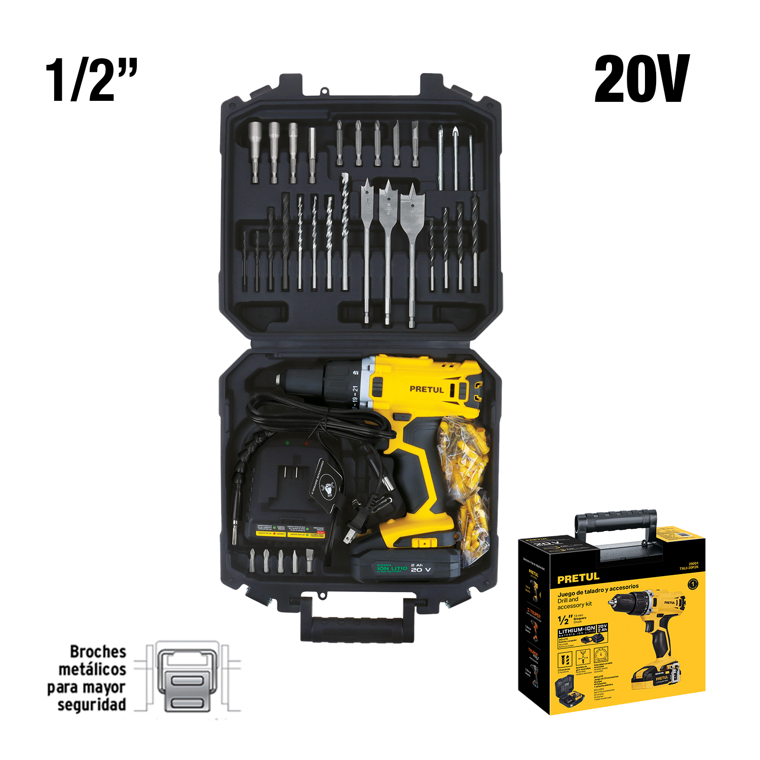 Set Taladro Inalambrico 20V + Batería + Cargador + 32 accesorios, Pretul