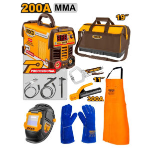 Soldadora 200A 110/220V+Maletin+Careta+Guantes+Delantal+Pinza+Porta electrodo, Ingco